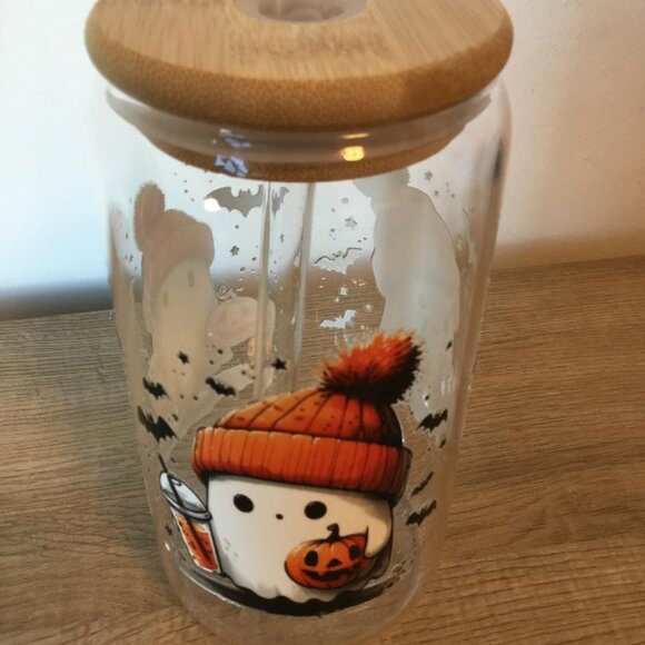 Ghost Themed Glass Tumbler with Bamboo Lid and Glass Straw NEW - Picture 3 of 3
